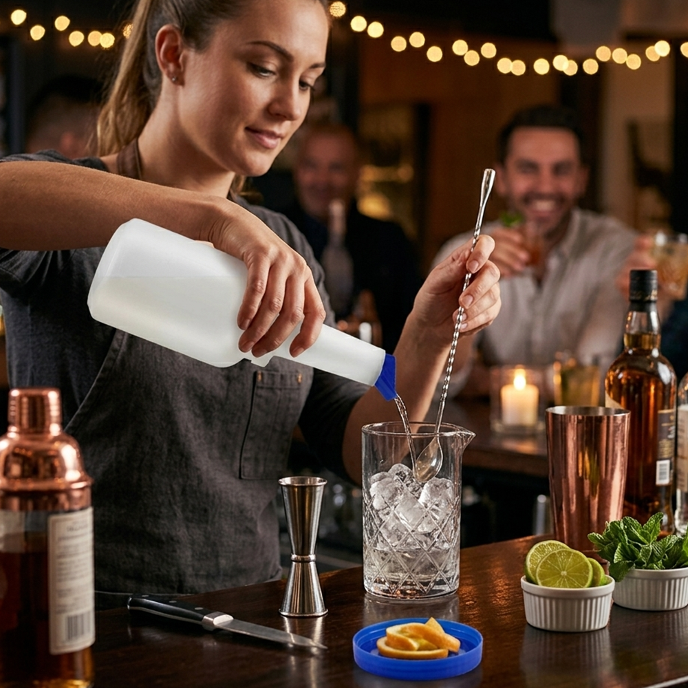 Botella para Bar 1 Litro con Tapa Azul para Bebidas y Jarabes | Kinso Home